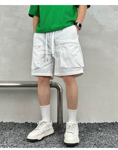 Shorts cargo décontractés en coton polyester tissé, mi-respirants, à taille élastique, 6 poches, teinture unie, pour hommes, pantalon mi-long - Product Image 5