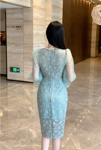 Elegante Abito in Pizzo <span class=keywords><strong>al</strong></span> <span class=keywords><strong>Ginocchio</strong></span>, Scollo a V, Maniche Lunghe, Patchwork, Vita Elasticizzata, Vestito Traspirante - Product Image 3