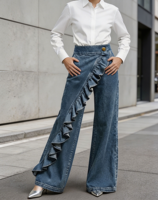 Jean pour femme à taille croisée, coupe asymétrique, en denim, jambe large, bootcut, style rétro Y2K, pantalon ample pour l'été