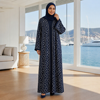 Abaya personnalisée ODM en tricot bleu marine pour femme, motif quadrillé, devant ouvert, manches longues, robe kaftan musulmane, tenue modeste du Moyen-Orient, OEM