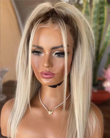 Perruque Lace Front Wig naturelle, cheveux humains, couleur blond platine ombré, courte, avec racine brun foncé