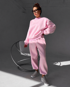 Ensemble survêtement rose oversize pour femme, sweat-shirt et pantalon de jogging, deux pièces en molleton, tenue décontractée, streetwear, vente en gros, OEM, vêtements de sport - Product Image 1