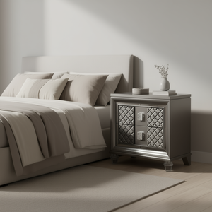 Comodino Sawyer con finitura grigio metallizzato, 2 cassetti, mobili moderni e contemporanei per camera da letto - Product Image 2