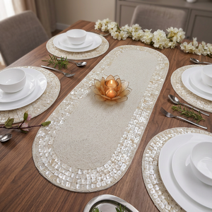 Camino de Mesa Tejido Beige con Borde de Conchas, Estilo Bohemio, Decoración para el Hogar, Lavable - Product Image 3