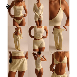 Abiti estivi da donna set da salotto personalizzati da donna <span class=keywords><strong>canotta</strong></span> in cotone a coste e pantaloncini due pezzi da donna set da donna - Product Image 1