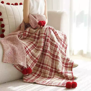 Winter Soft Blanket Cute Pom Pom Good Quality <strong>Red</strong> Home Decor Christmas <strong>Throw</strong> Blankets Plaid Knitted Christmas Gift Blanket - Product Image 1