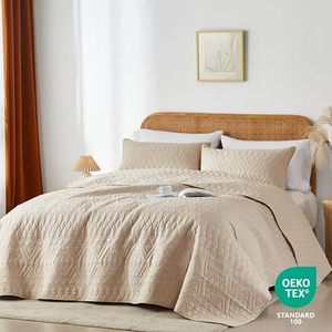 Modern Style Geometric Pattern Quilt Bedding Set <strong>Beige</strong> Lightweight Microfiber Soft King/Cal King Size <strong>Bedspread</strong> 3 Quilt - Product Image 2