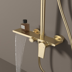 Ensemble <span class=keywords><strong>de</strong></span> <span class=keywords><strong>douche</strong></span> haut <span class=keywords><strong>de</strong></span> gamme doré moderne à double poignée Suite <span class=keywords><strong>de</strong></span> <span class=keywords><strong>douche</strong></span> pommeau <span class=keywords><strong>de</strong></span> <span class=keywords><strong>douche</strong></span> carré robinets à motif <span class=keywords><strong>de</strong></span> jet <span class=keywords><strong>de</strong></span> pluie comprend une <span class=keywords><strong>barre</strong></span> coulissante - Product Image 5
