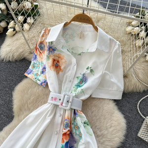 Robe chemise élégante imprimée de style français pour femme, version coréenne à manches courtes printemps-été, taille haute, coupe trapèze longue - Product Image 2