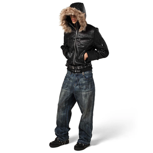 Blouson aviateur personnalisé en fausse fourrure cadrée, manteau bomber en cuir noir pour le streetwear, vente en gros, MOQ 50 pièces - Product Image 6