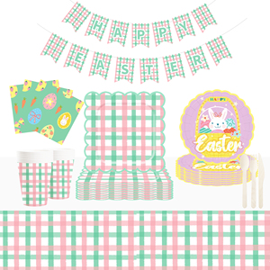 DAMAI Pink and Green Cross Grid Pattern Plate Set <b>Easter</b> Bunny and Egg-themed Disposable Paper Napkin for <b>Easter</b> Celebrations - Product Image 1