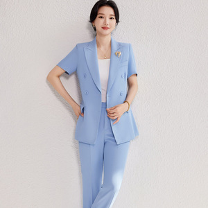 Women's Pink Suit Set Short Sleeve Summer Formal Work Wear Two Piece Pants Set Breathable Polyester Fabric - Product Image 4