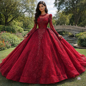 Robe de soirée rouge à sequins à manches longues avec traîne XS203 pour femme - Product Image 1