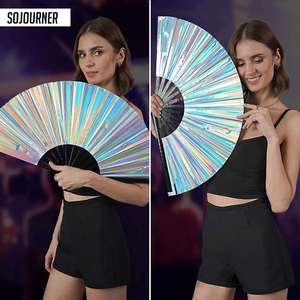 พัดไม้ไผ่แบบหมุนมือ ขนาดใหญ่ 33 ซม. พัดพีวีซีสำหรับงานปาร์ตี้ พัดตกแต่งลายเพ้นท์สวยงาม ของที่ระลึก ของขวัญทางธุรกิจ ขายส่ง - Product Image 4