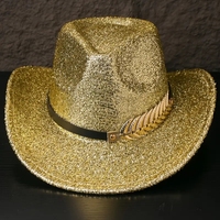 Chapeau de cowboy en gros avec paillettes dorées, bande en cuir noir à motif feuille, pour festivals de musique, enterrements de vie de jeune fille, soirées country et rodeo, pour femmes