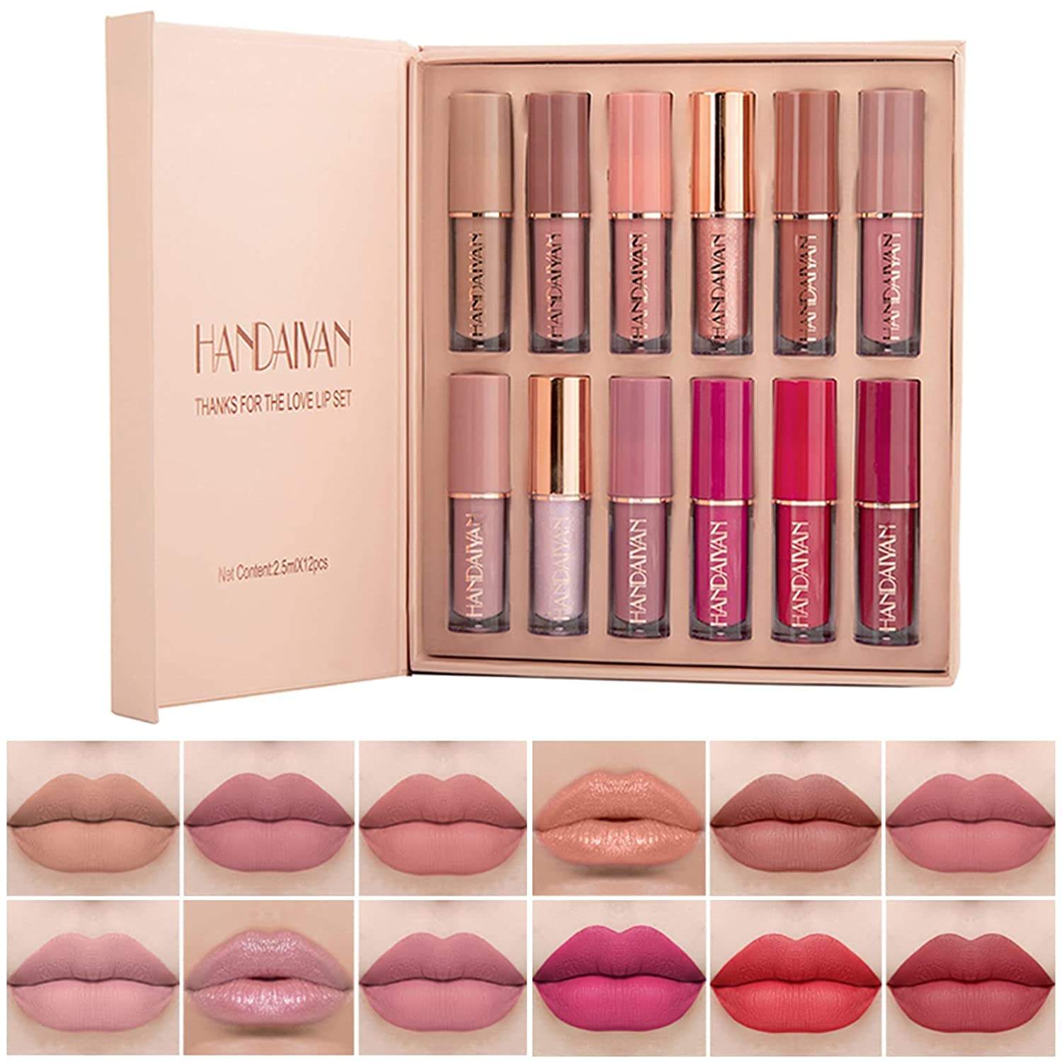 HANDAIYAN 12 Color Book Lipgloss Set Vegan Organic Non-Stick Cup Waterproof Velvet Matte Liquid Lipstick