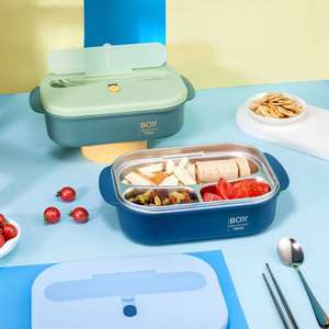 Lonchera PINKAH de 1000 ml, Bonita y Colorida, con 3 Compartimentos, de Acero Inoxidable, a Prueba de Fugas, con Palillos y Cuchara, para la Escuela - Product Image 1