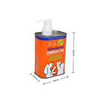 OEM ODM 250ml 750ml Boîte en fer blanc anti-fuite avec pompe, vide, pour emballage d'huile d'oméga pour animaux de compagnie (chien, chat, poisson), personnalisable