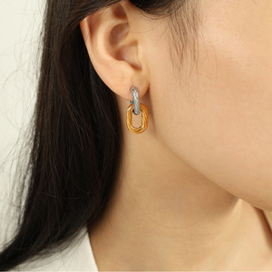 Pendientes de aro doble retorcido de aleación de zinc, joyería geométrica ovalada de dos tonos para mujer, EH496 - Product Image 4