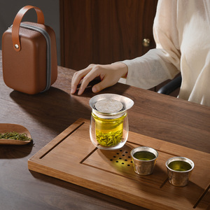 Double Walled Glass <b>Tea</b> <b>Set</b> With Pure Titanium Strainer Travel Kung Fu <b>Tea</b> <b>Set</b> 2 Cups Portable Teapot With Lid - Product Image 2