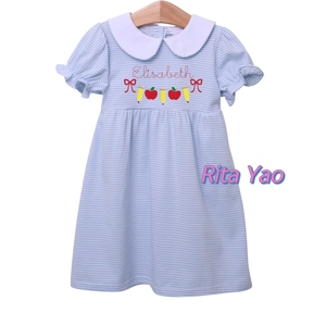<span class=keywords><strong>Abiti</strong></span> da bambina ricamati <span class=keywords><strong>per</strong></span> il primo giorno di scuola, con colletto a Peter Pan, maniche a sbuffo, applicazione a mela, abito a righe rosa <span class=keywords><strong>per</strong></span> bambina - Product Image 2