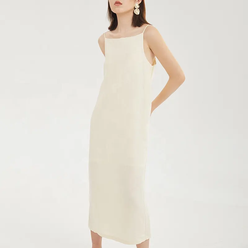 Vestido femenino de verano minimalista sin mangas con cuello cuadrado, traje informal de color marfil para mujer
