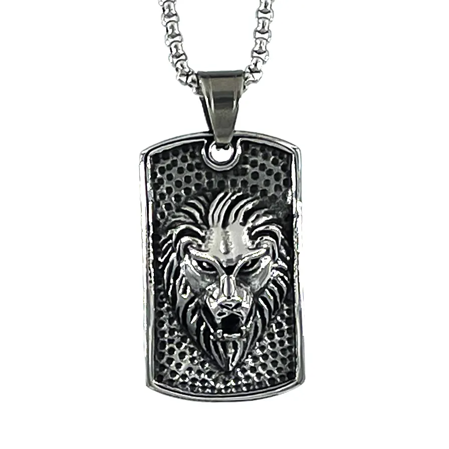 MD High Quality Men's Stainless Steel retro lion square shape lion Head Tags fashion punk necklace pendant