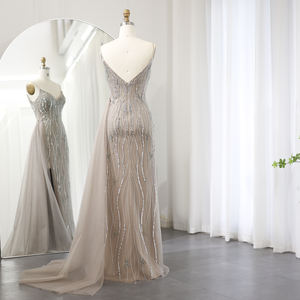 Robe de soirée droite à bretelles spaghetti champagne avec jupon, fente latérale, longueur au sol, robes de fête pour femmes, mariage, plissé 3D - Product Image 5