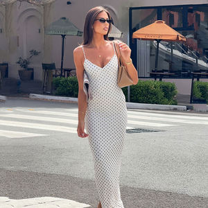 Vestido Largo de Verano para Mujer, con Estampado de Lunares, Color Sólido, Cuello en V, Tirantes Finos, Espalda Descubierta, Elegante y Casual - Product Image 1