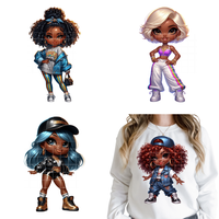 Stiker Transfer Panas DTF yang Dapat Dicuci, Siap Dipres untuk Kaos dan Tas, Bergambar Gadis Chibi Bergaya Afro Hip-Hop Urban Street Kids