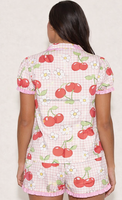 Ensemble de pyjama mignon à imprimé floral cerise pour femme, manches courtes, col à volants, short avec nœud papillon, vêtements de nuit d'été, vêtements de détente