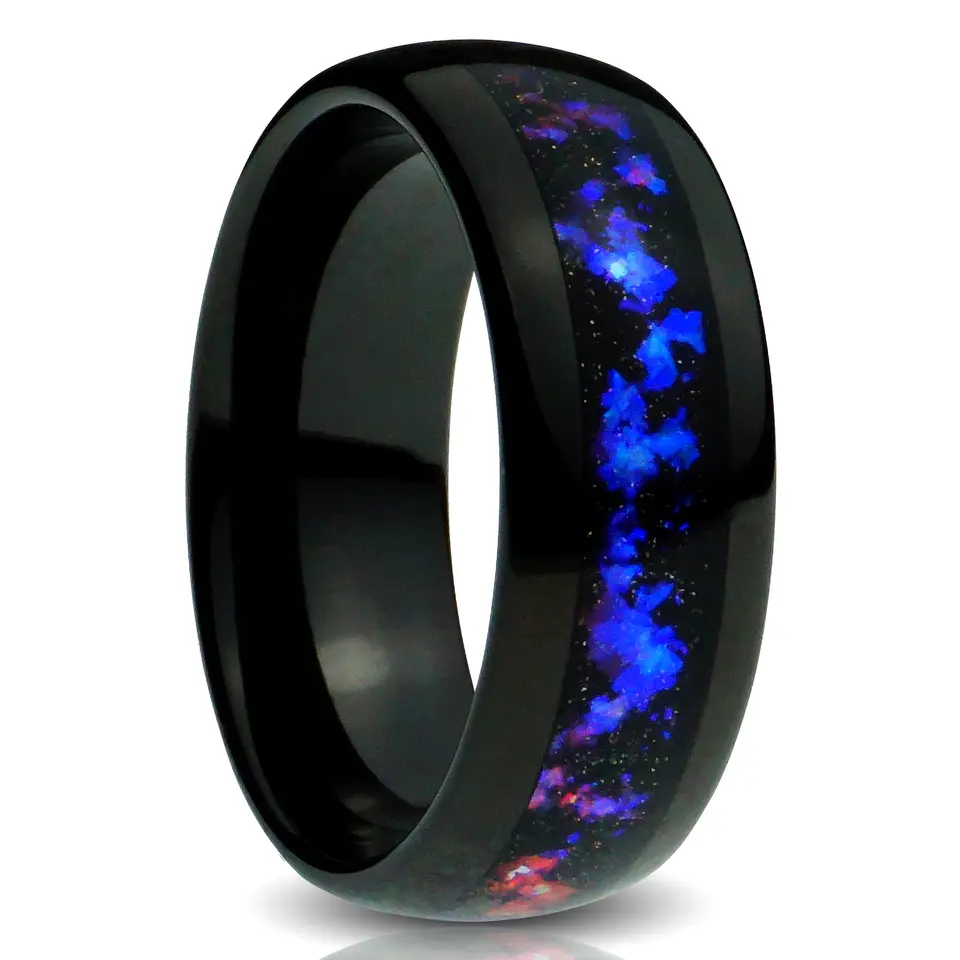 8 mm Galaxy Wolfram Ring poliert schwarz mit Nebula-Einlage Herren Ehering