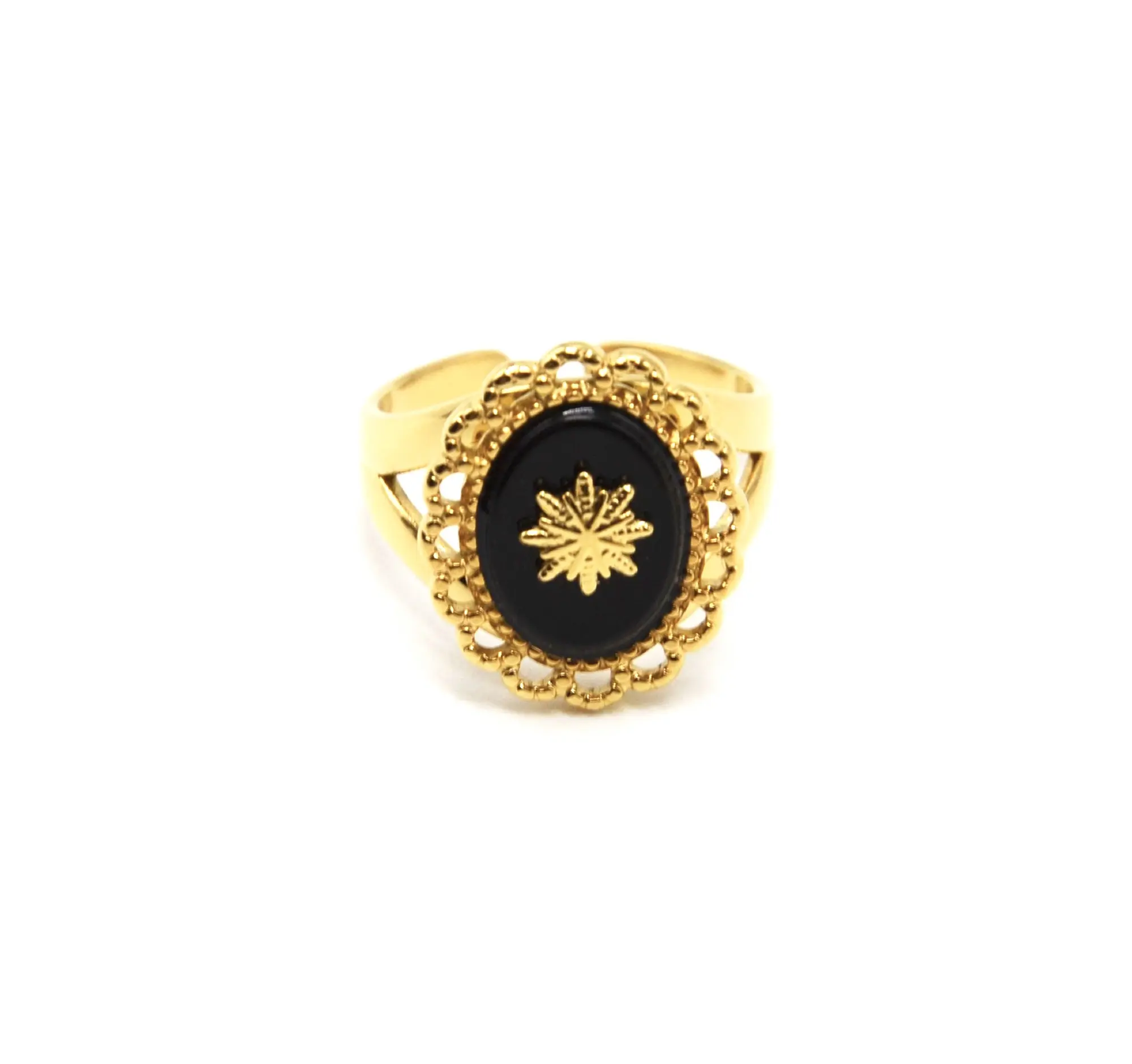 Wide Ring with Oval stone black contour petals and sun golden steel women's fashion steel rings new jewel