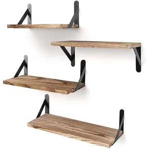 Caoxian County Customized Rustic Wood Floating Shelves 4 Sets of Carbonized Black Wall Mounted Shelf with Metal Parts