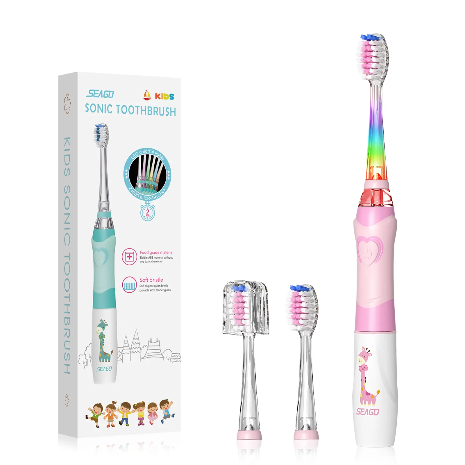 SEAGO Wholesale SG977 LED Light Waterproof Battery Powered Carton Cute Children Kids Child Sonic Oscillating Electric Toothbrush