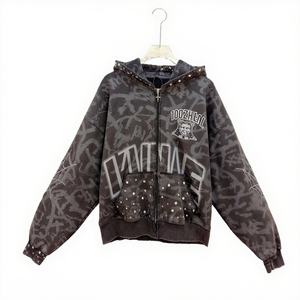 هودي رجالي من المصنع بسحاب، مغسول بالأحماض، 100% قطن، نمط صلب، طباعة بارزة، مقاس XL، طباعة رقمية مباشرة على القماش، نقشة الفهد، هودي بغسيل حمضي ثقيل - Product Image 2