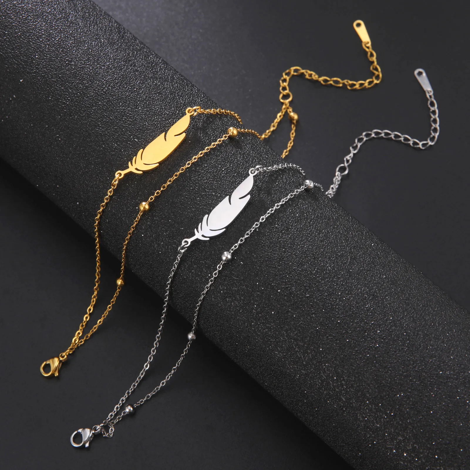 Ankles of Women Men Silver Color Feather Stainless Steel Double Foot Chain Beach Style Trendy Female Jewelry Accessories