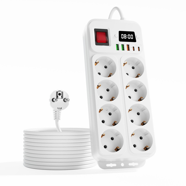 14-in-1 Multi Plug Power Strip, 8 AC Outlets 3USB a 2USB-C Ports ,Clock, Overload Protection Socket Extender for Home Office