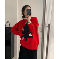 Pull décontracté de Noël pour femme, col rond, manches longues, tricoté, motif géométrique, logo sur le devant, pour les fêtes de fin d'année et l'hiver