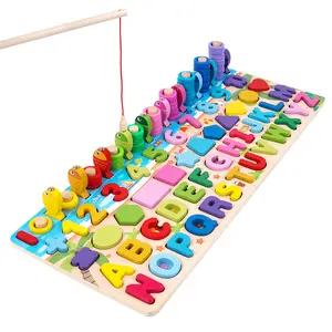 Atacado número matching puzzle-Jogo de pesca multifuncional montessori, quebra-cabeça de madeira com 6 em 1, jogos educacionais de contagem, números e tabuleiro de combinação