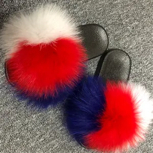 Kinder echte Fuchs Pelz Hausschuhe Kinder pelzige Sandalen Mädchen niedlichen Waschbär Fell Flip Flops Boy Fox Haar Sliders Großhandel