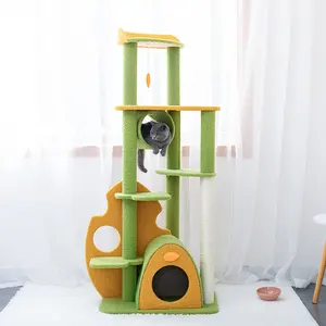 Grosir pohon kucing kartun hijau kayu besar mainan Menara kucing tali sisal menara cakar kucing pohon rumah
