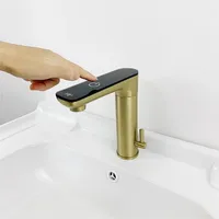 Robinet mitigeur chaud/froid à capteur automatique avec affichage LED, finition or brossé, design contemporain, sans contact
