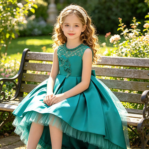 Vestido de Princesa para Niñas, Corte en A, Encaje, Escote Corazón, Vestido de Dama de Honor, Verde, Rosa, Morado, Gris, Azul Oscuro, Borgoña - Product Image 1