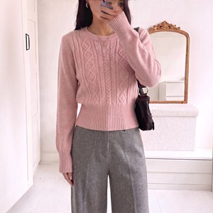 Pull en maille torsadée à col rond style français pour femme, taille unique, gris, coupe ajustée, haut de gamme - Product Image 2