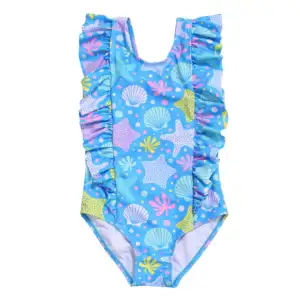 ملابس سباحة للفتيات الصغيرات قطعة واحدة للأطفال بألوان قوس قزح زرقاء مطبوعة بدلة سباحة للفتيات