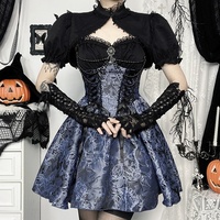 Robe en dentelle florale bleu foncé style Gothic Lolita avec chaînes en diamant argenté et gants assortis - Vente en gros/ODM Ensemble Élégance Victorienne 3D