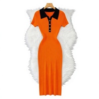 Robe longue moulante élégante en maille pour femme, col polo, color-block, style vintage, amincissante, pour l'été