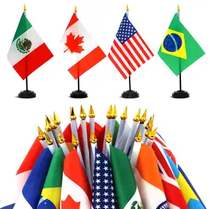 Custom Country Table Flag Office Flag Black White Pole with Golden Silver Black Pyramid Round Stand Bases Desk Flags