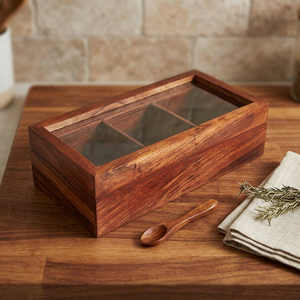 Wooden <b>Spice</b> Box with 3 Compartments and Glass Lid for Herb Storage with Wooden Spoon Included - Product Image 3
